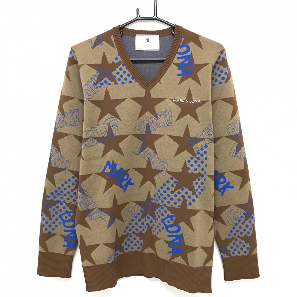 【超美品】マークアンドロナ セーター ブラウン×ブルー 総柄 Vネック セーター 星 メンズ 48(L) ゴルフウェア MARK＆LONA