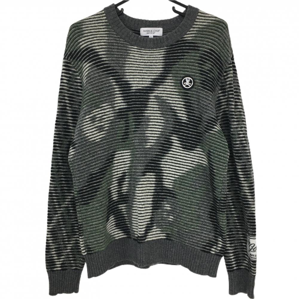 【超美品】マークアンドロナ セーター グレー×白×グリーン ボーダー調総柄   メンズ 50(XL) ゴルフウェア MARK＆LONA