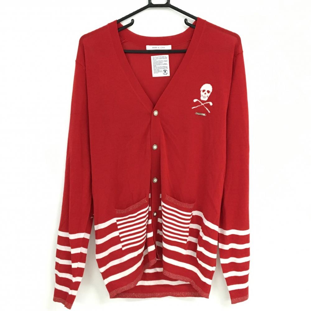 【超美品】マークアンドロナ カーディガン レッド×白 裾ボーダー 薄手 メンズ XL ゴルフウェア MARK＆LONA