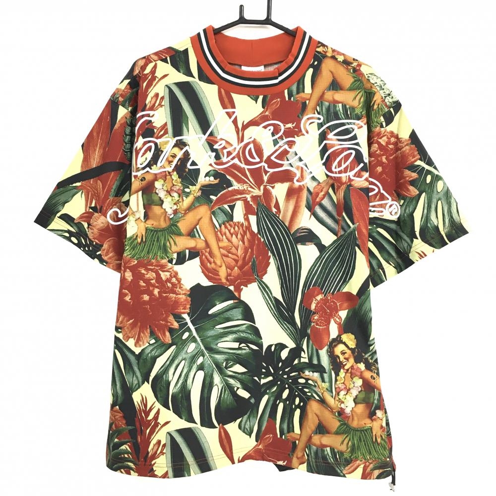【新品】マークアンドロナ 半袖ハイネックスニード グリーン×レッドオレンジ トロピカル柄 軽量 メンズ 50(XL) ゴルフウェア MARK＆LONA