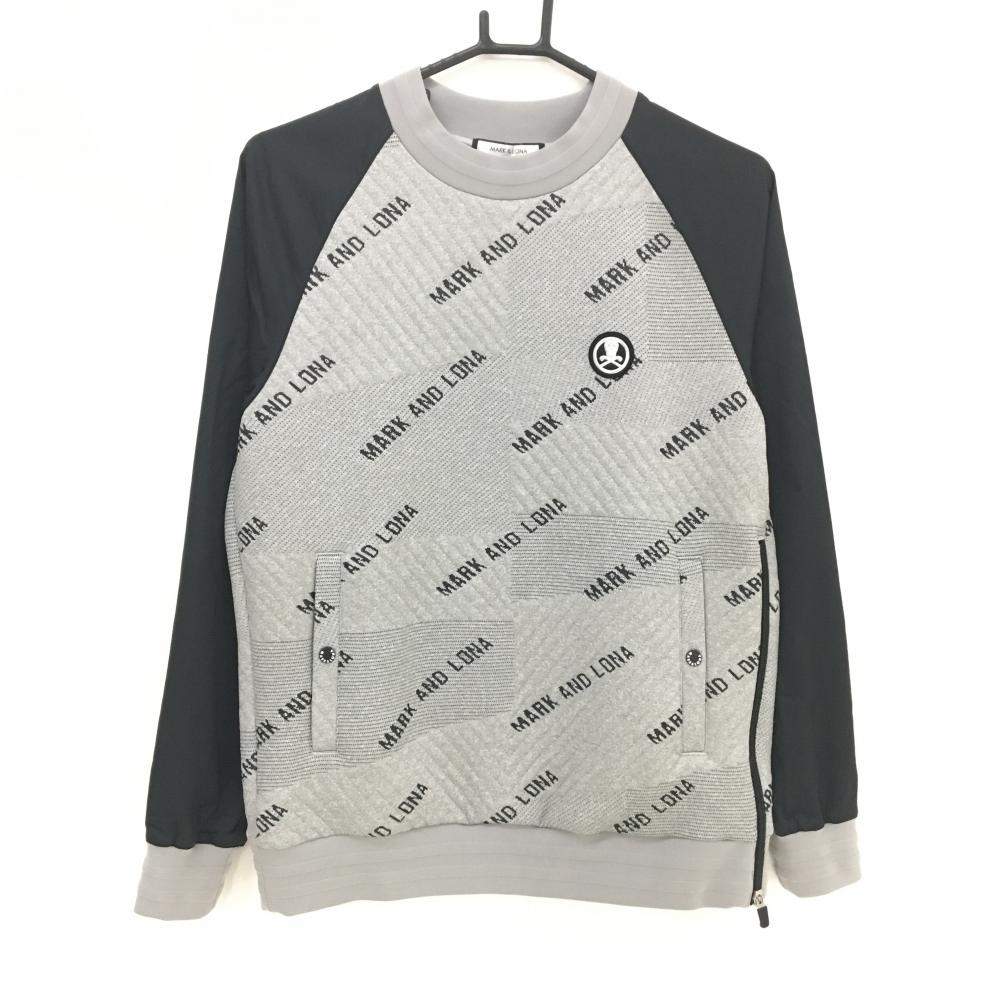 【美品】マークアンドロナ 切替スニード グレー×黒 身頃ロゴ総柄 身頃スウェット調 ブルゾン メンズ 44(S) ゴルフウェア MARK＆LONA