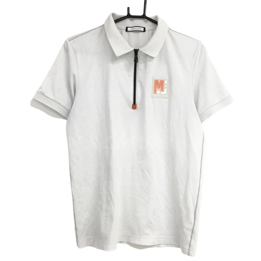 【美品】マークアンドロナ 半袖ポロシャツ 白 スカル地模様 ハーフジップ メンズ 48(L) ゴルフウェア MARK＆LONA 画像