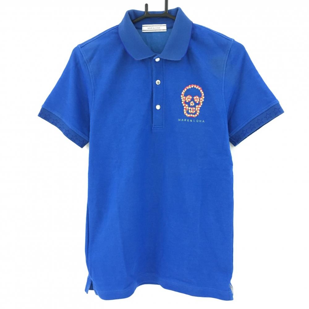 【美品】マークアンドロナ 半袖ポロシャツ ブルー 襟後ろロゴ 袖星柄 スカル メンズ M ゴルフウェア MARK＆LONA