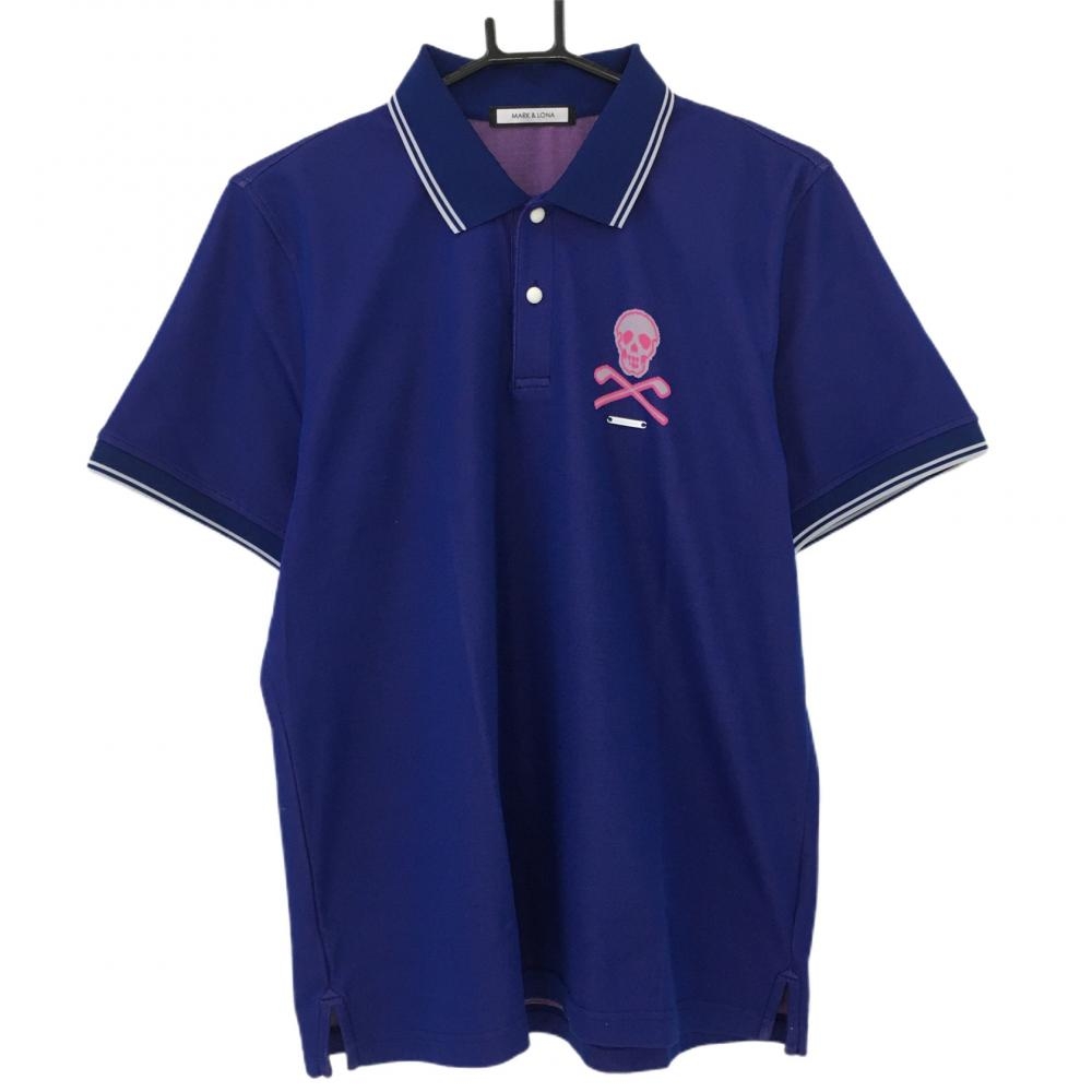 マークアンドロナ 半袖ポロシャツ ブルー×白 後ろビッグスカル 襟・袖口ライン メンズ 50 ゴルフウェア MARK＆LONA 画像