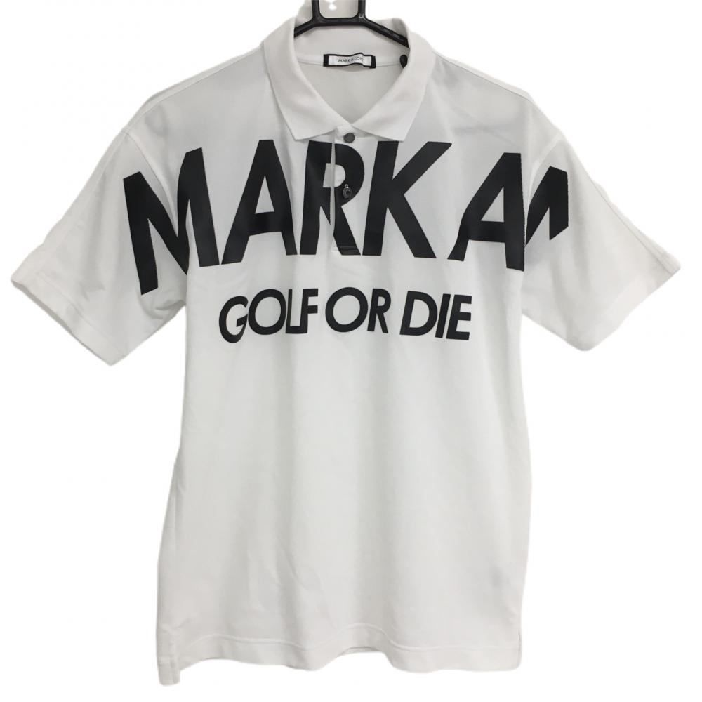 【美品】マークアンドロナ 半袖ポロシャツ 白×黒 ビッグロゴプリント メンズ 46(M) ゴルフウェア MARK＆LONA 画像