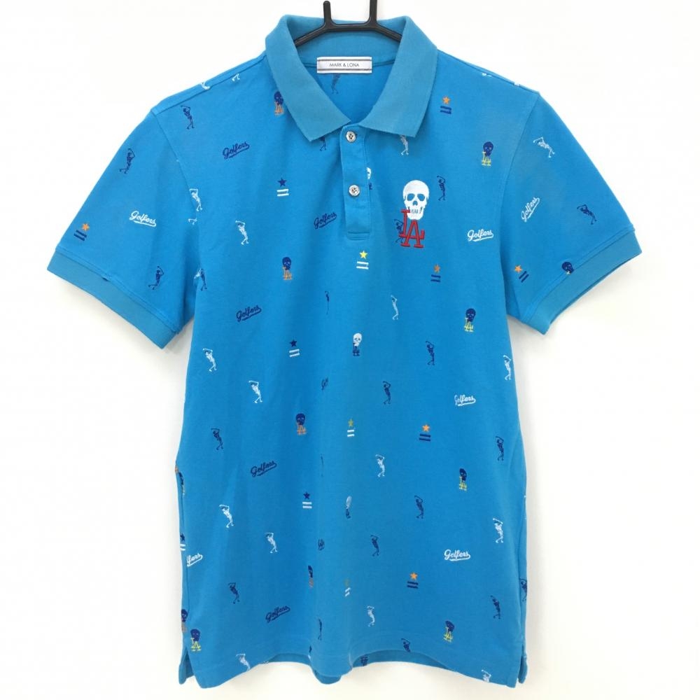 マークアンドロナ 半袖ポロシャツ ライトブルー×パープル 刺しゅう総柄 スカル メンズ M ゴルフウェア MARK＆LONA 画像