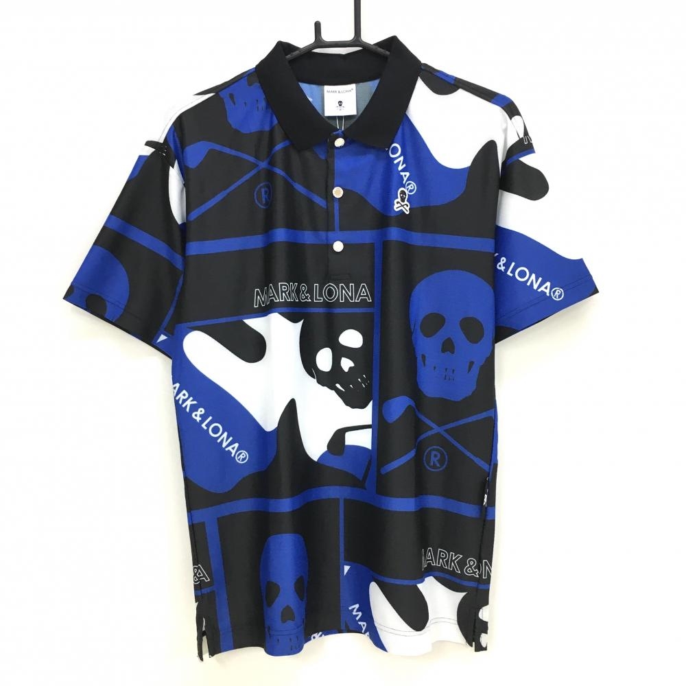 【新品】マークアンドロナ 半袖ポロシャツ 黒×ブルー 総柄 スカル メンズ 46(M) ゴルフウェア 2024年 木村拓哉着用モデル MARK＆LONA