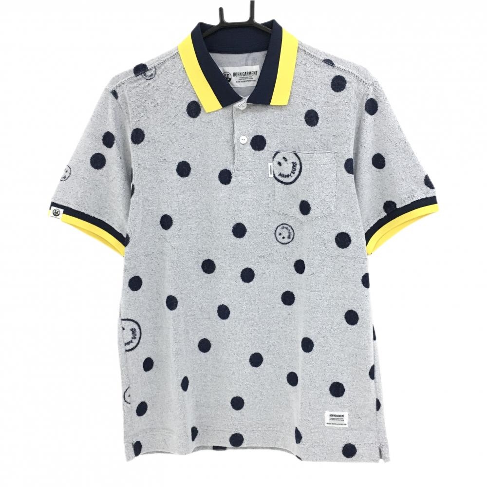 【新品】ホーンガーメント 半袖ポロシャツ 白×ネイビー ドット ニコちゃん  メンズ 46(M) ゴルフウェア 2022年モデル MARK＆LONA
