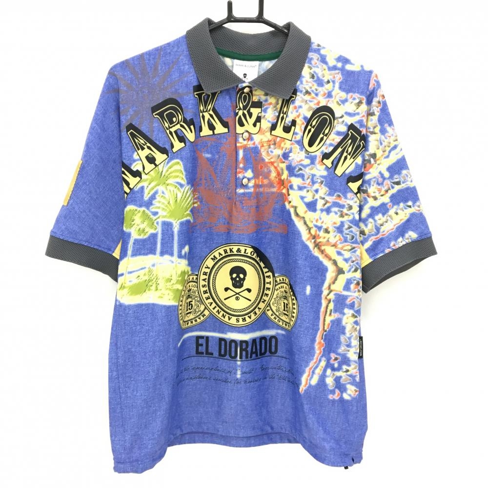 【新品】マークアンドロナ 半袖ポロシャツ ブルー×イエロー 帆船柄 サークルスカル メンズ 46(M) ゴルフウェア 2023年モデル MARK＆LONA
