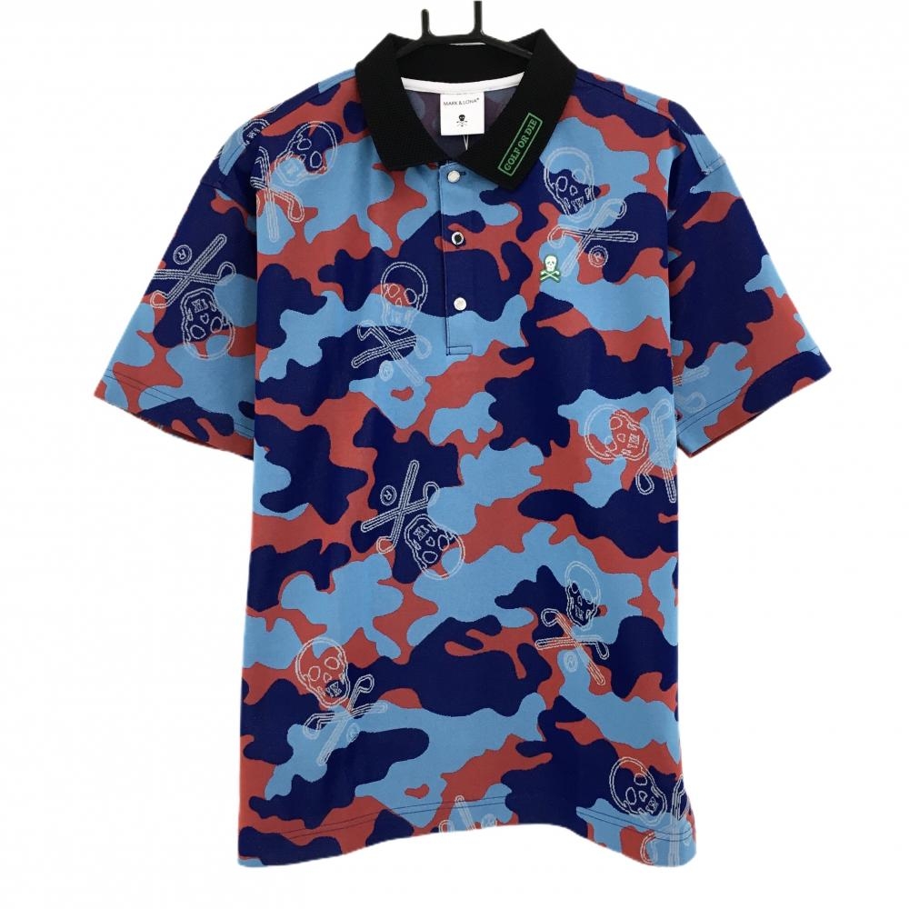 【新品】マークアンドロナ 半袖ポロシャツ ブルー×レッド カモフラ柄 メンズ 50(XL) ゴルフウェア 2022年 木村拓哉着用モデル MARK＆LONA