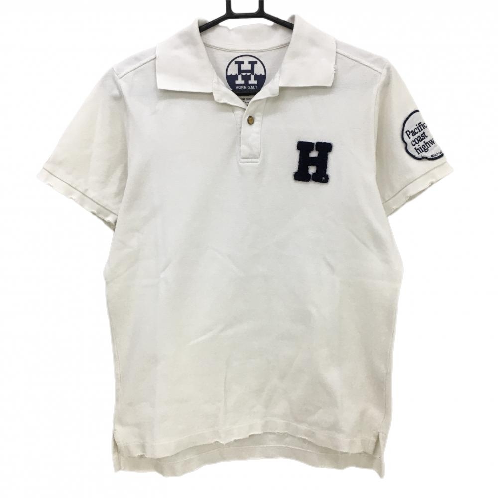 【美品】ホーンガーメント 半袖ポロシャツ 白×ネイビー 胸さがら刺しゅう　 メンズ  ゴルフウェア HORN GARMENT