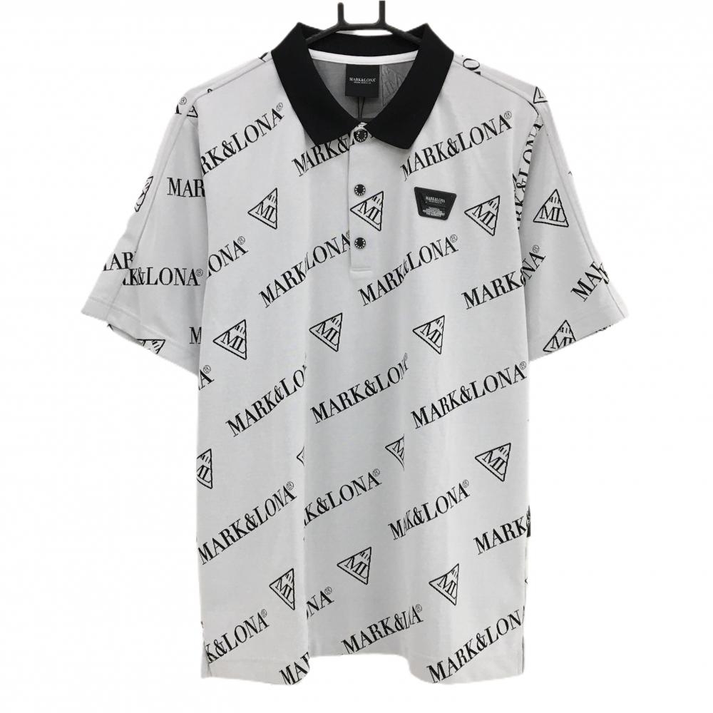 【新品】マークアンドロナ 半袖ポロシャツ 白×黒 斜めロゴ総柄 通気性 速乾 メンズ 50(XL) ゴルフウェア 2024年モデル MARK＆LONA