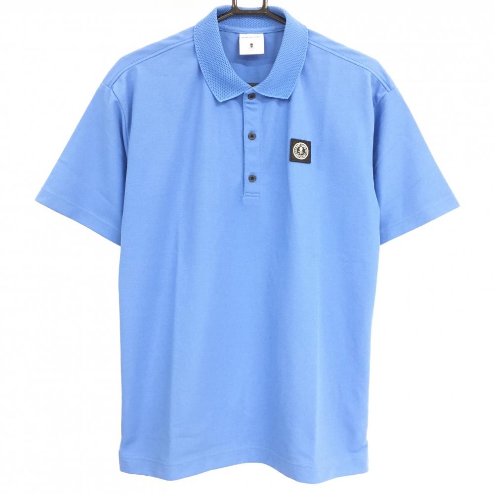 【超美品】マークアンドロナ 半袖ポロシャツ ブルー 襟メッシュ スクエアワッペン メンズ 48(L) ゴルフウェア 2023年モデル MARK＆LONA