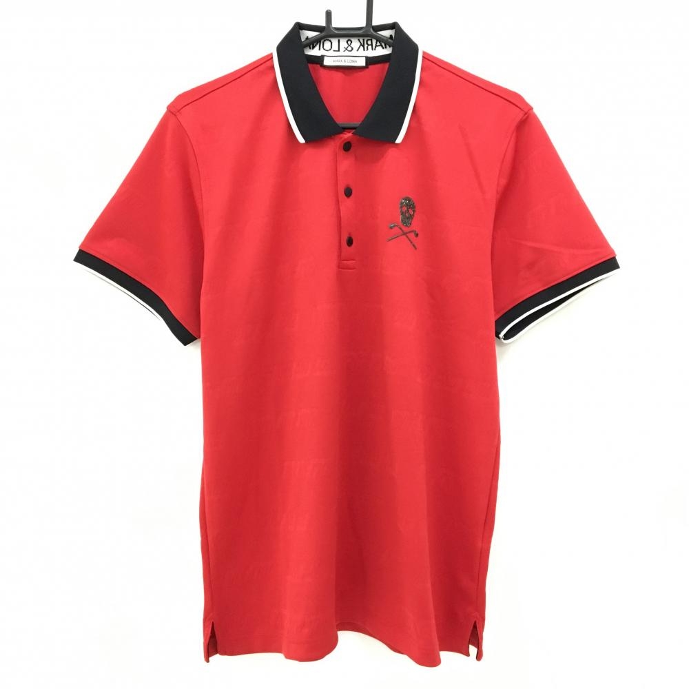 マークアンドロナ 半袖ポロシャツ レッド ロゴ総柄織生地 スカル 襟黒 メンズ 50(XL) ゴルフウェア MARK＆LONA