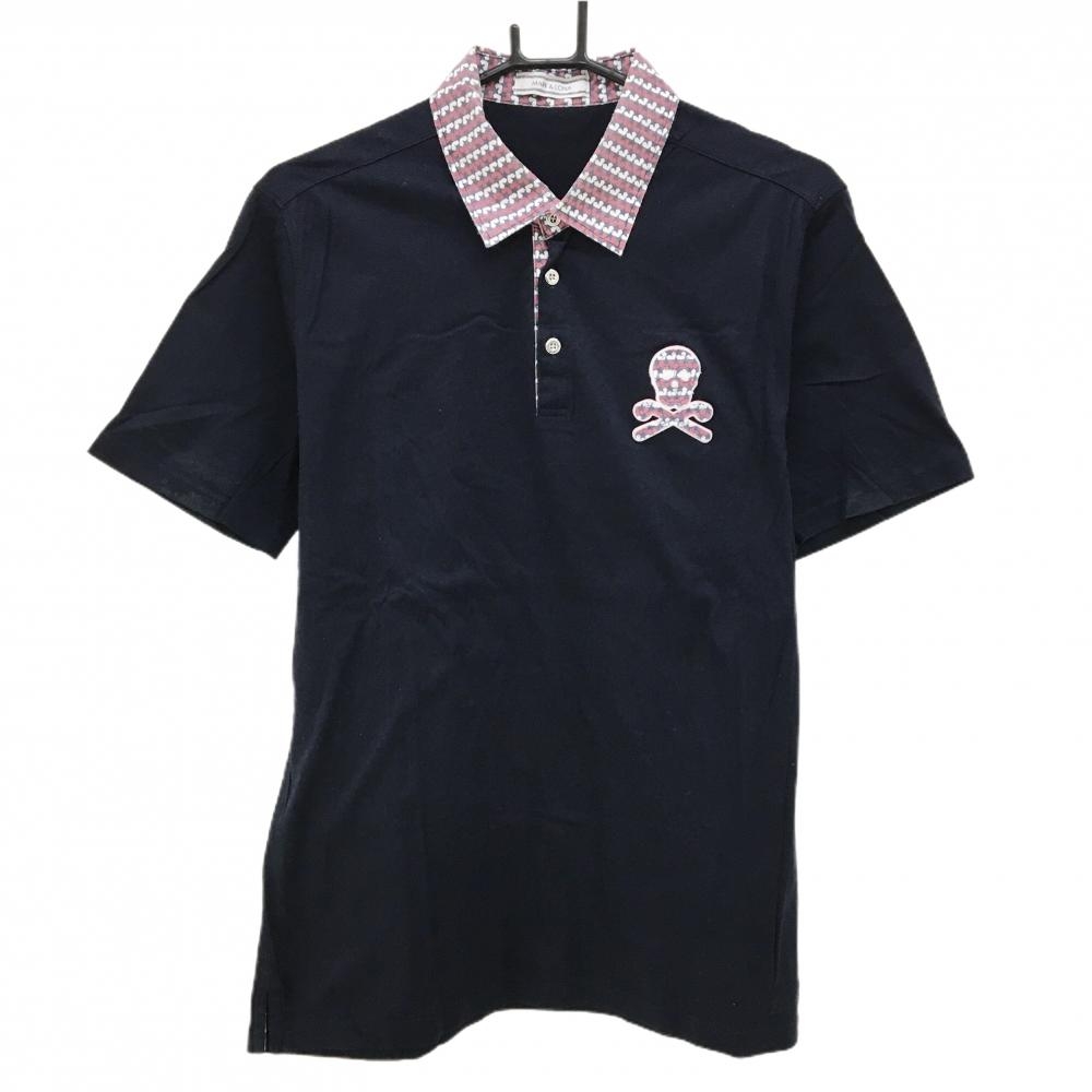 マークアンドロナ×Disney 半袖ポロシャツ ネイビー×レッド 後ミッキー スカル メンズ XL ゴルフウェア MARK＆LONA