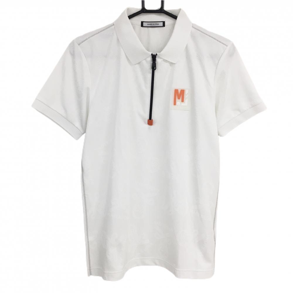 【美品】マークアンドロナ 半袖ポロシャツ 白 スカル総柄織生地 襟メッシュ ハーフジップ メンズ 46(M) ゴルフウェア MARK＆LONA