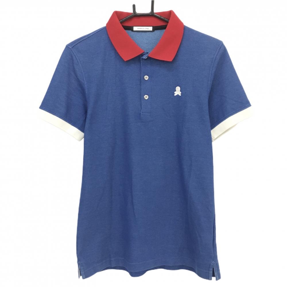 【超美品】マークアンドロナ 半袖ポロシャツ ブルー×レッド スカル メンズ 46(M) ゴルフウェア MARK＆LONA