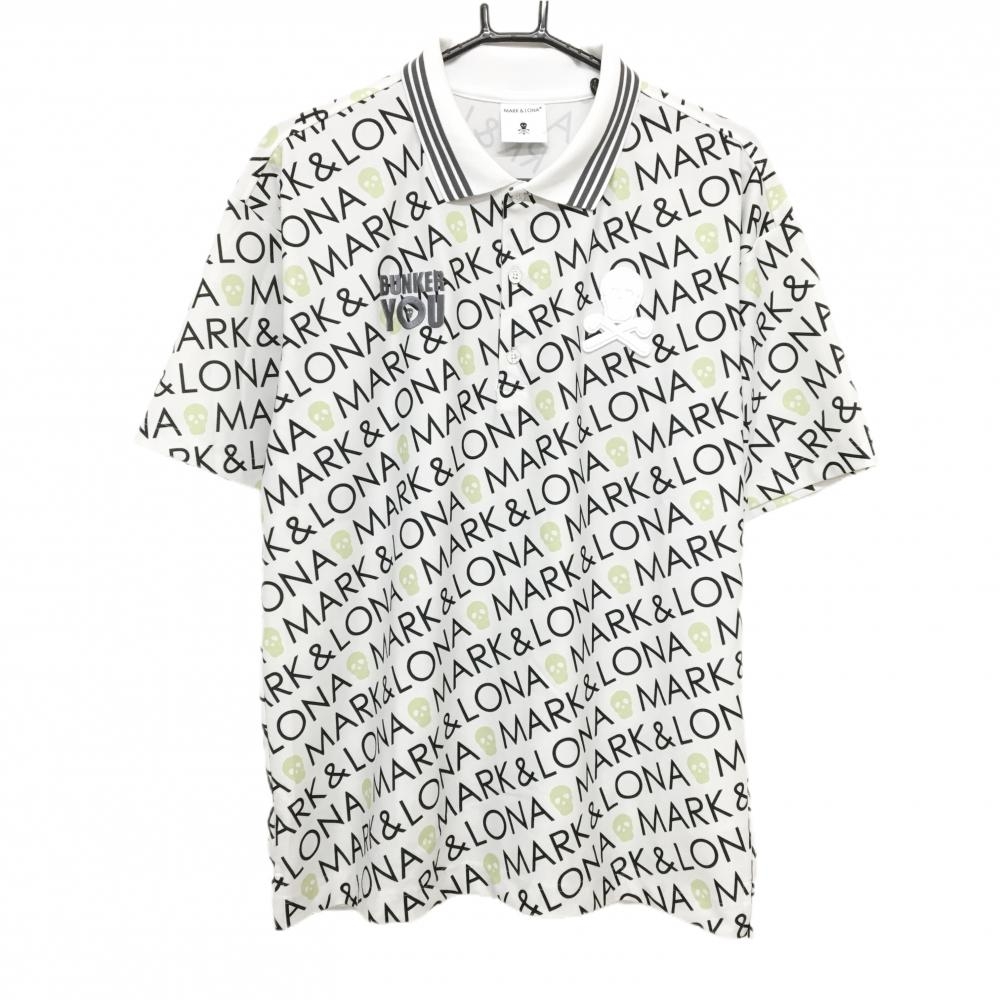 【美品】マークアンドロナ 半袖ポロシャツ 白×黒 英字ロゴ総柄 胸ロゴスカル メンズ 50(XL) ゴルフウェア 2024年モデル MARK＆LONA