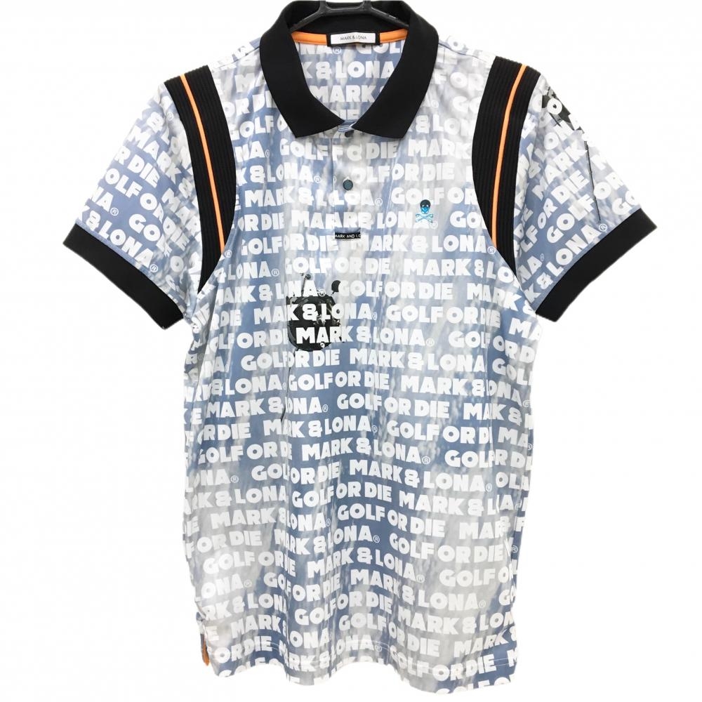 【超美品】マークアンドロナ 半袖ポロシャツ ライトブルー×白 ロゴ総柄 メンズ 48(M) ゴルフウェア MARK＆LONA