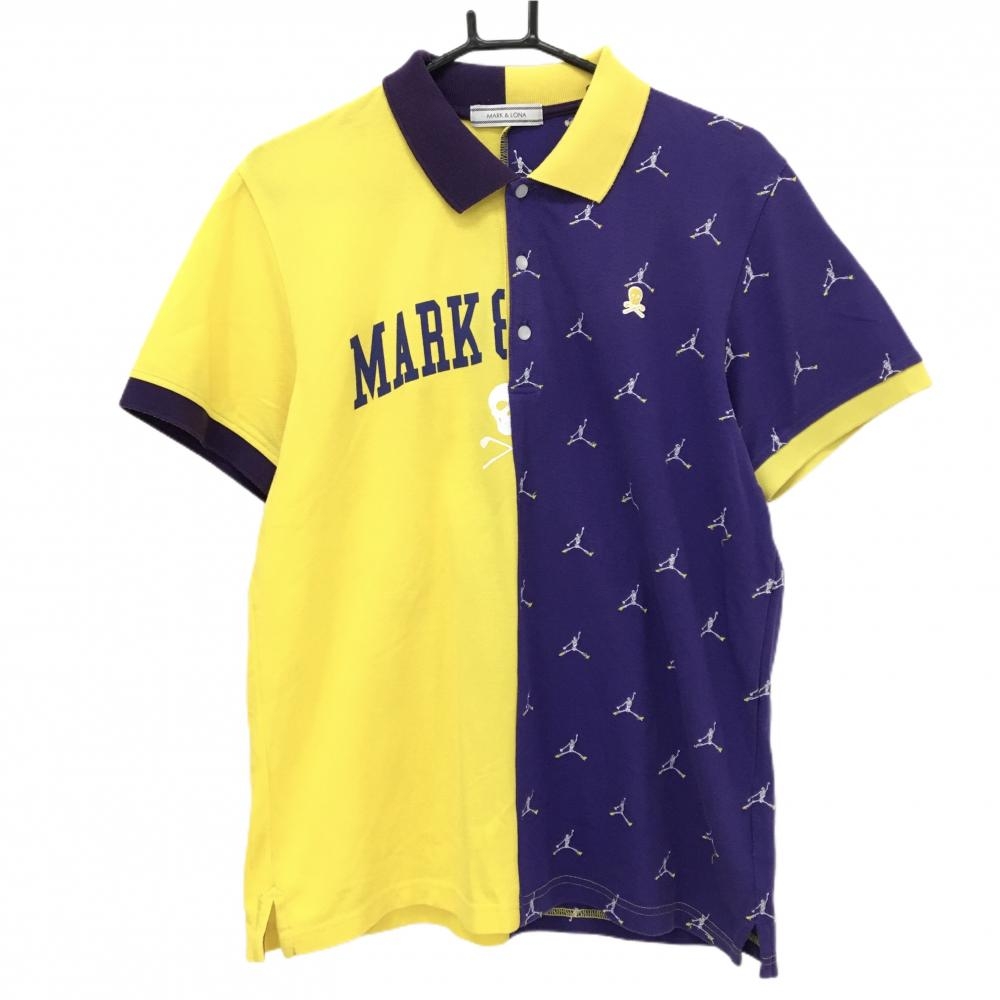 マークアンドロナ 半袖ポロシャツ イエロー×パープル スカル刺しゅう メンズ XL ゴルフウェア MARK＆LONA