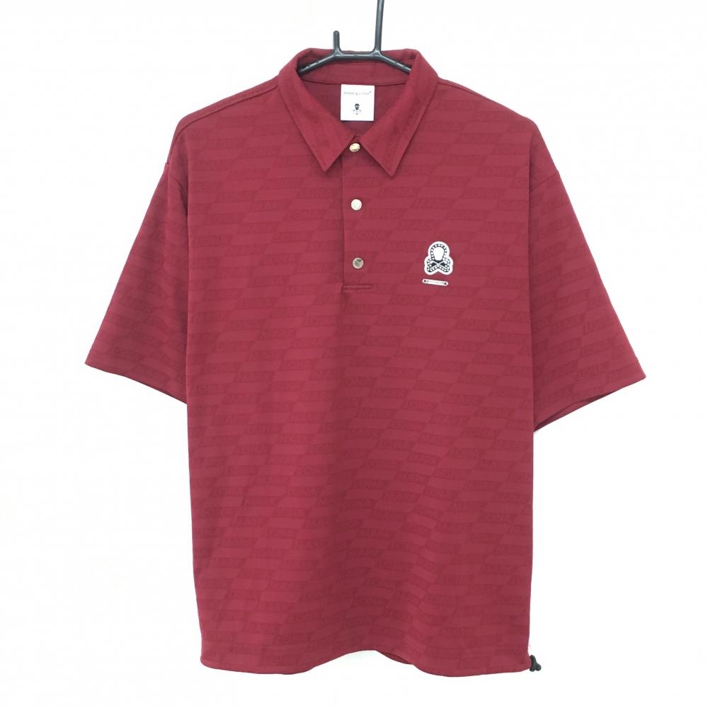 【超美品】マークアンドロナ 半袖ポロシャツ ワインレッド系 ロゴ総柄 スナップボタン スカル メンズ 46(M) ゴルフウェア MARK＆LONA