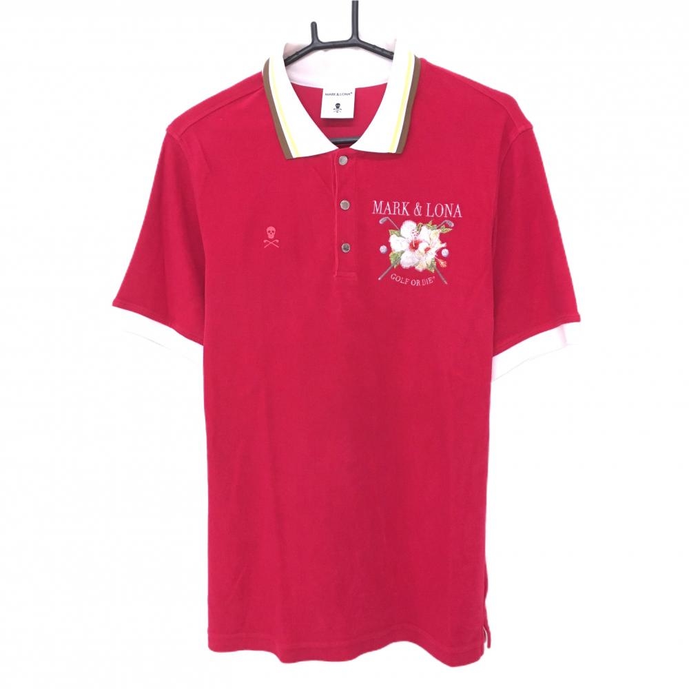 【美品】マークアンドロナ 半袖ポロシャツ レッドピンク系×白 パイル地調 花刺しゅう   メンズ 48(L) ゴルフウェア MARK＆LONA