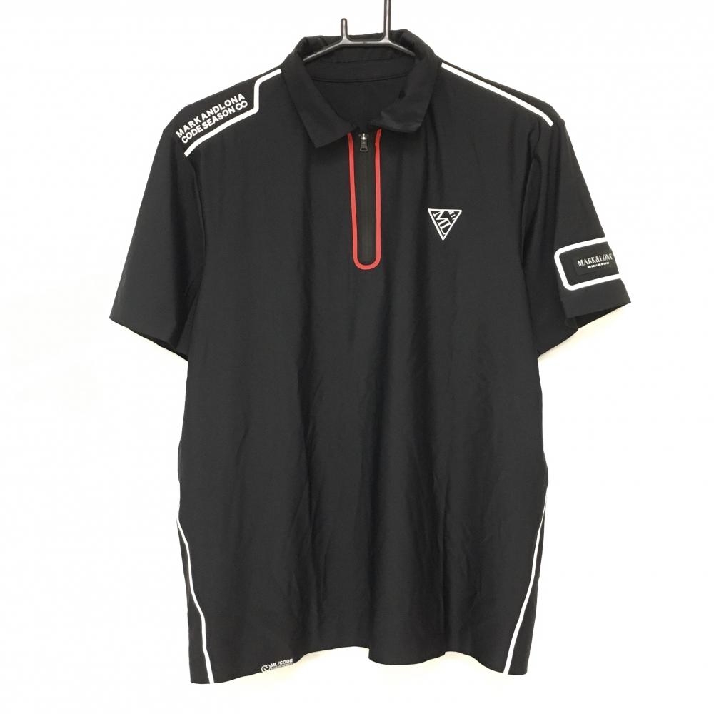 【美品】マークアンドロナ 半袖ポロシャツ 黒 ハーフジップ 袖ロゴ メンズ 46(M) ゴルフウェア MARK＆LONA