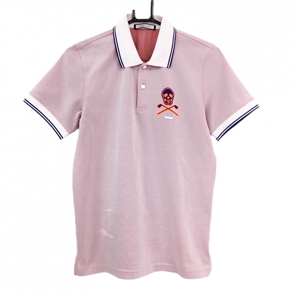 マークアンドロナ 半袖ポロシャツ ライトスモーキーピンク系×ネイビー スカル メンズ 46(M) ゴルフウェア MARK＆LONA