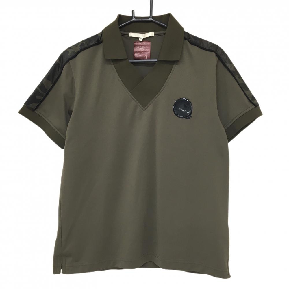 【美品】マークアンドロナ 襟付Tシャツ ブラウン 肩カモフラ Vネック メンズ XL ゴルフウェア MARK＆LONA