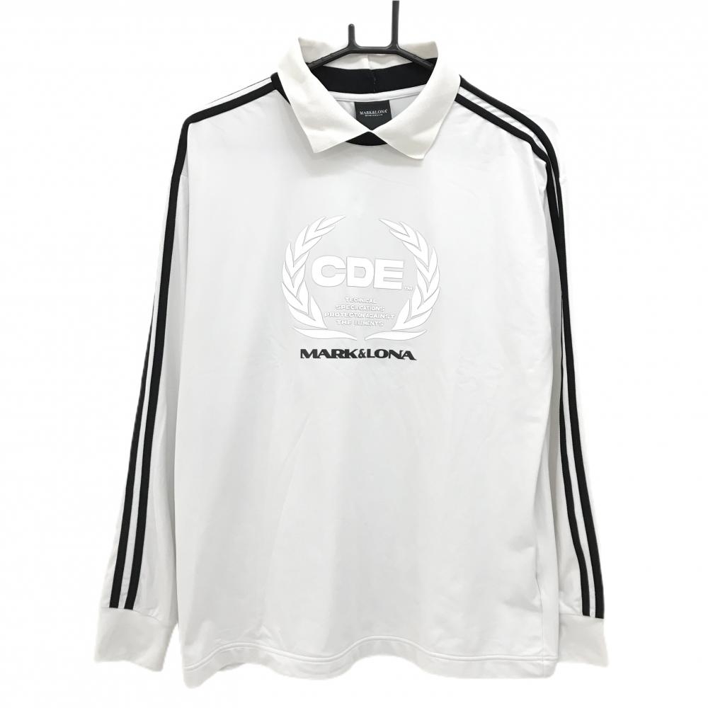 【超美品】マークアンドロナ 襟付長袖シャツ 白×黒 胸プリント 裏微起毛 CDE メンズ 46(M) ゴルフウェア 2024年モデル MARK＆LONA
