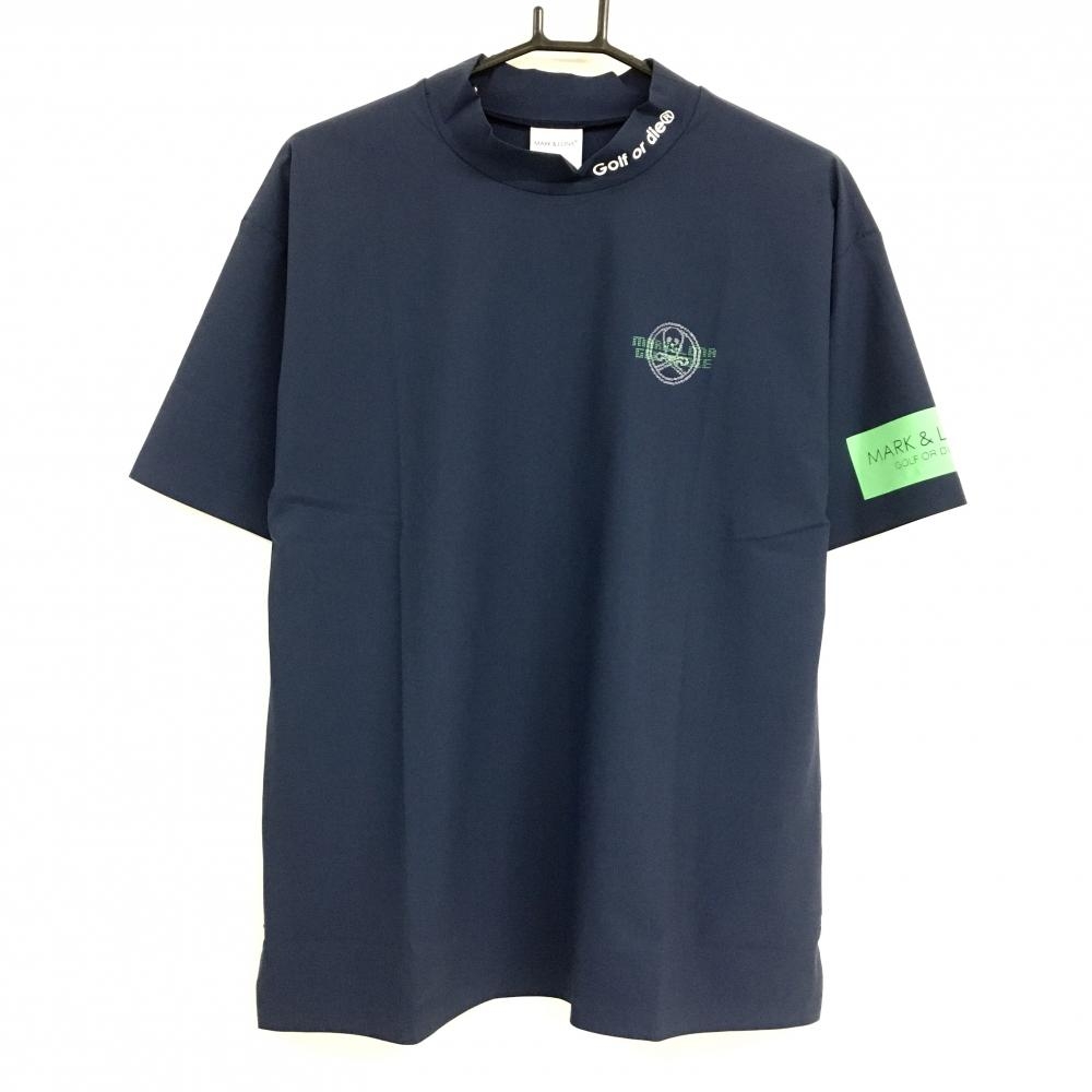 【新品】マークアンドロナ 半袖ハイネックシャツ ネイビー ロゴ白  メンズ 50(XL) ゴルフウェア 2023年モデル MARK＆LONA