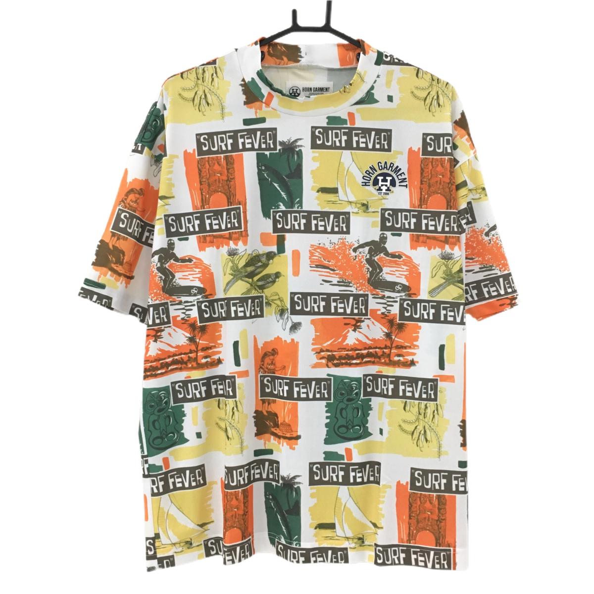 【新品】ホーンガーメント 半袖ハイネックシャツ 白×オレンジ 総柄 メンズ 50(XL) ゴルフウェア 2023年モデル MARK＆LONA
