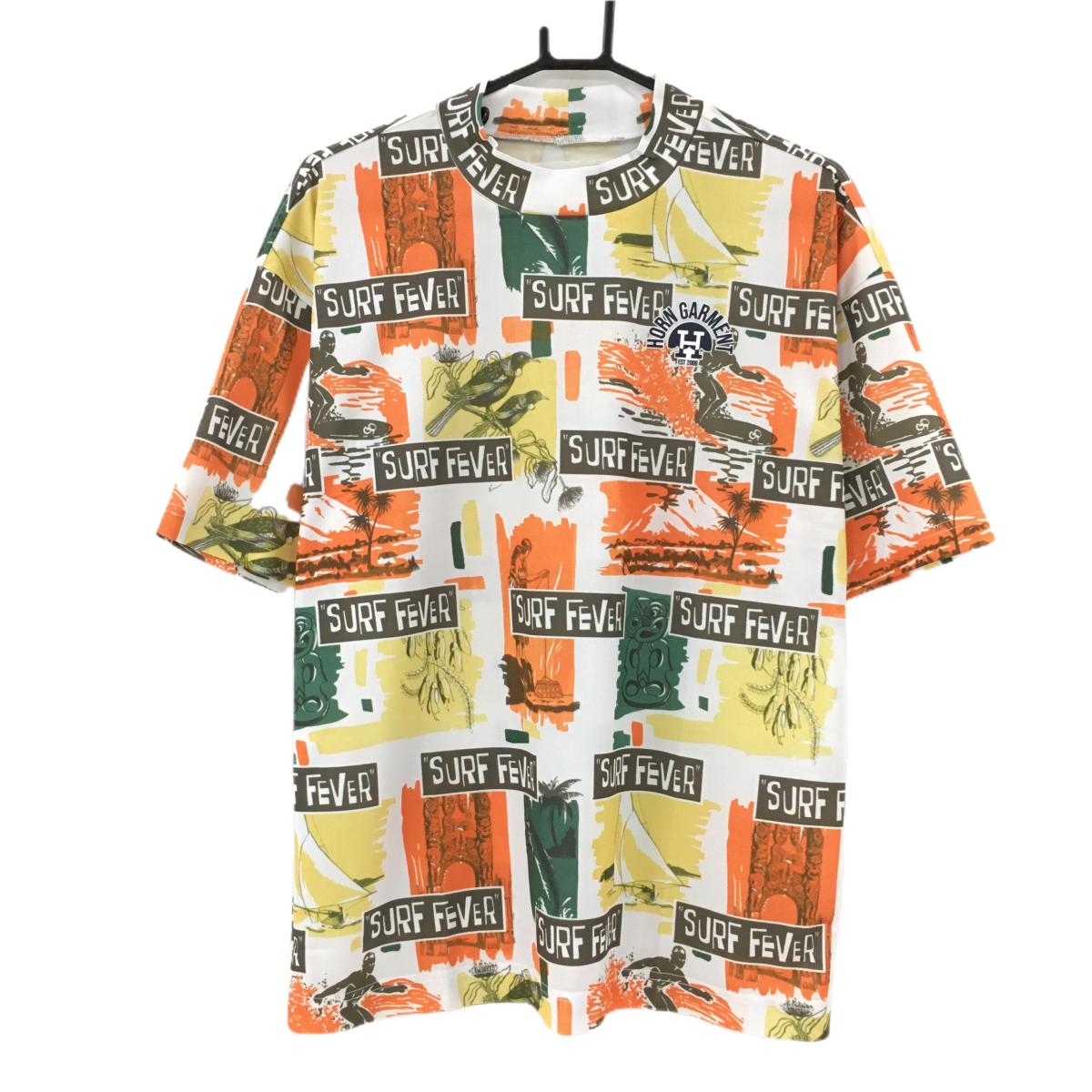 【新品】ホーンガーメント 半袖ハイネックシャツ 白×オレンジ 総柄 マークアンドロナ メンズ 46(M) ゴルフウェア 2023年モデル MARK＆LONA