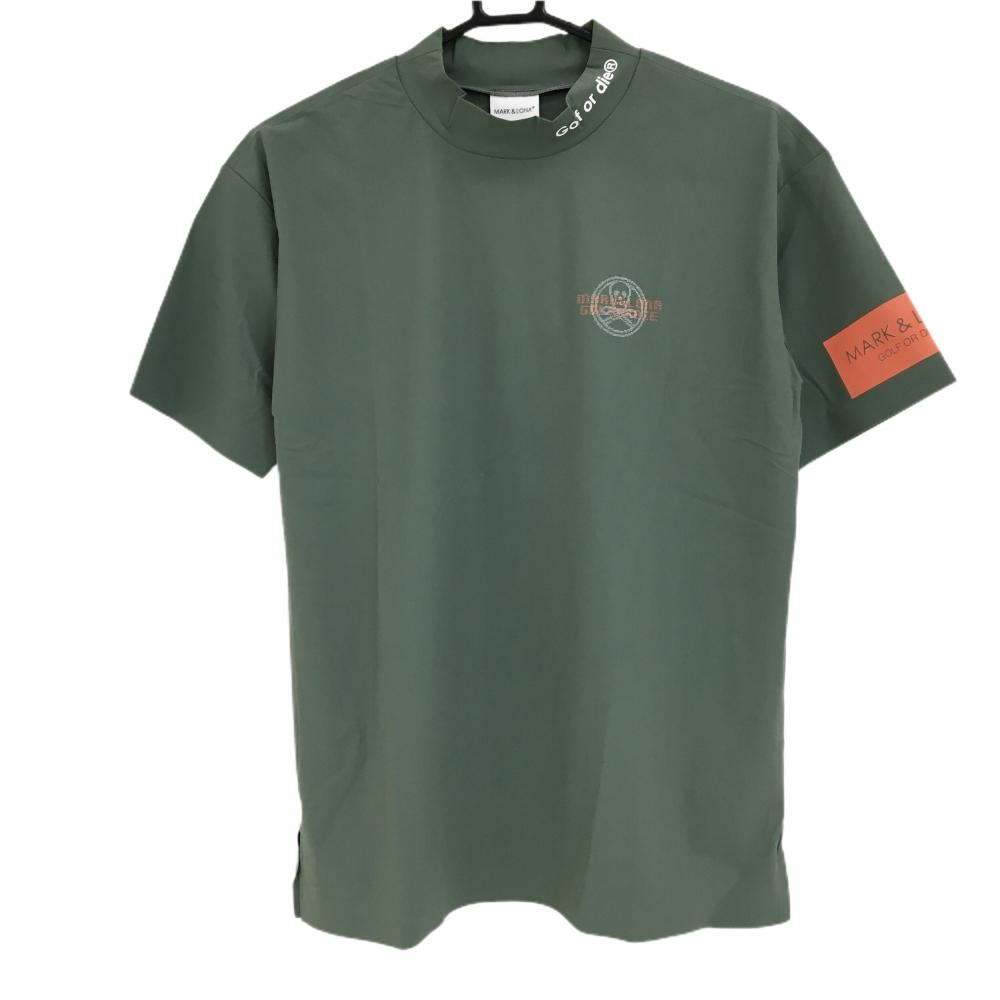 【新品】マークアンドロナ 半袖ハイネックシャツ カーキ ロゴ白 背面スカル ナイロン メンズ 50(XL) ゴルフウェア 2023年モデル MARK＆LONA