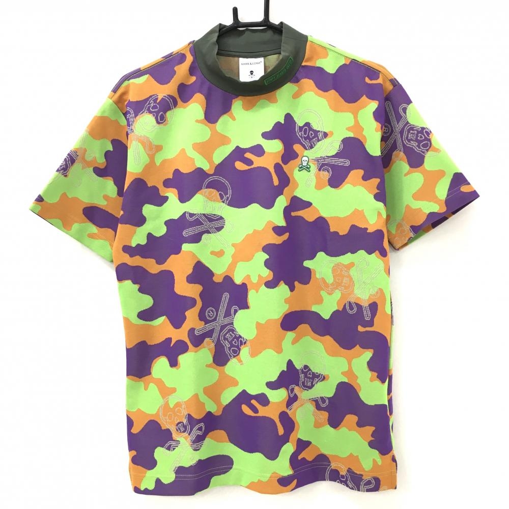 【美品】マークアンドロナ 半袖ハイネックシャツ パープル×ライトグリーン×オレンジ カモフラ柄 メンズ 48(L) ゴルフウェア MARK＆LONA