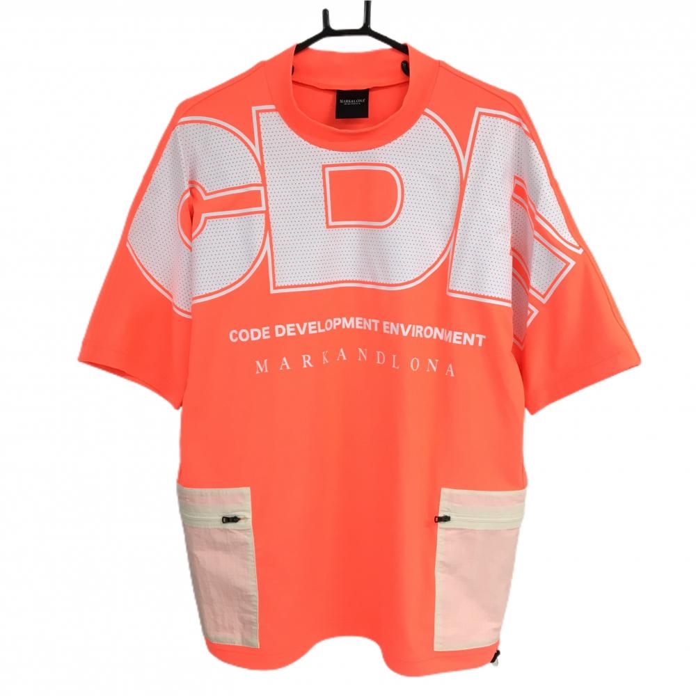【超美品】マークアンドロナ 半袖ハイネックシャツ 蛍光オレンジ系×白 ポケット メンズ 50(XL) ゴルフウェア 2025年モデル MARK＆LONA