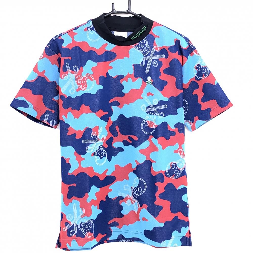 【新品】マークアンドロナ 半袖ハイネックシャツ ブルー×レッド メンズ 46(M) ゴルフウェア 2022年 木村拓哉着用モデル MARK＆LONA