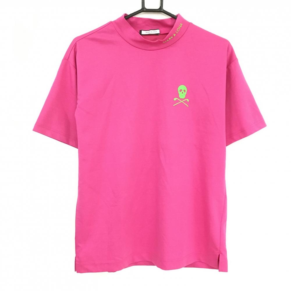 【美品】マークアンドロナ 半袖ハイネックシャツ ピンク ロゴラインとグリーン スカル メンズ 46(M) ゴルフウェア MARK＆LONA