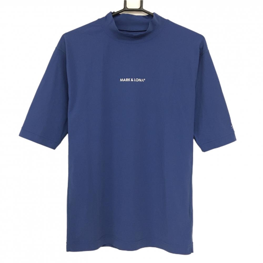 【超美品】マークアンドロナ 半袖ハイネックシャツ ブルー系 ロゴプリント メンズ 64(M) ゴルフウェア MARK＆LONA