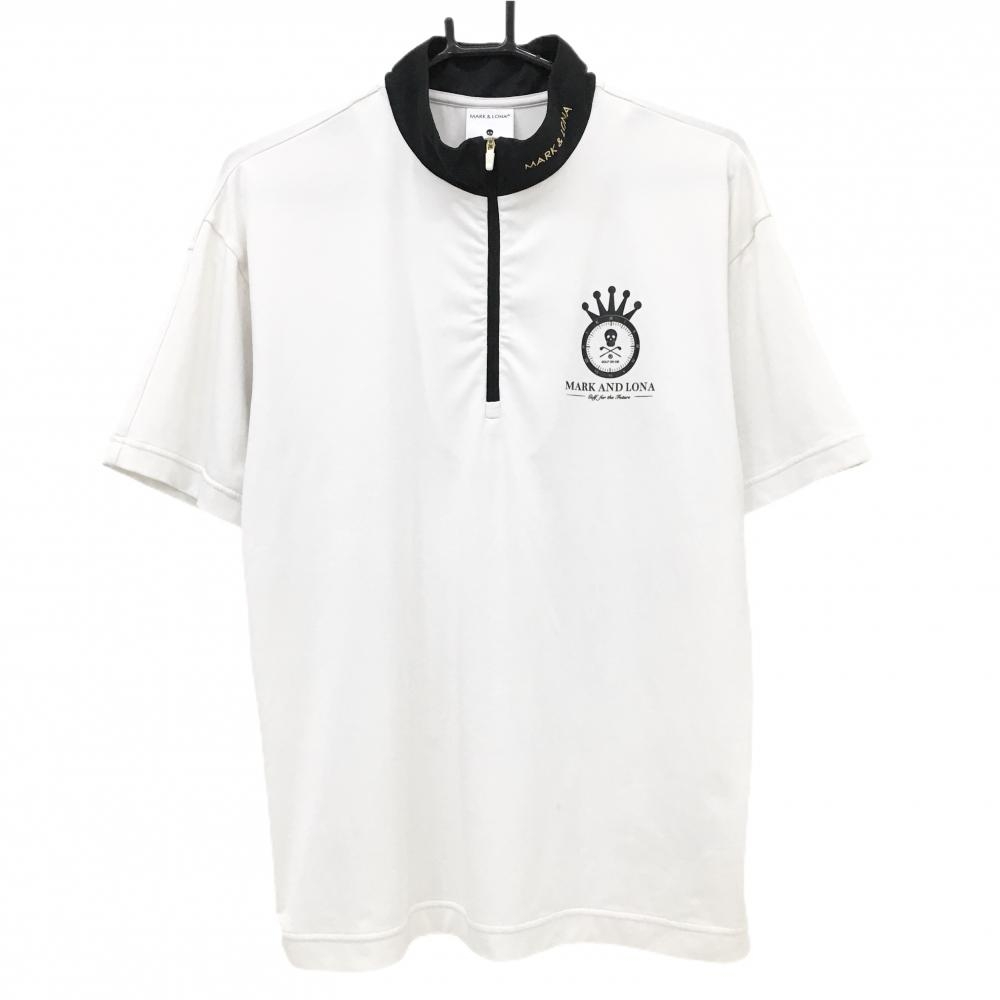 【美品】マークアンドロナ 半袖ハイネックシャツ 白×黒 バックプリント ハーフジップ メンズ 46(M) ゴルフウェア MARK＆LONA