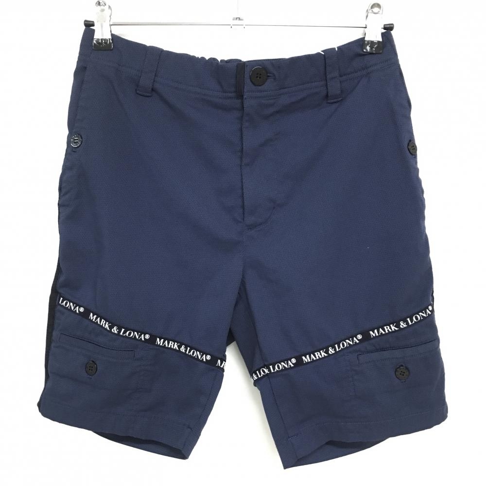 【新品】マークアンドロナ ハーフパンツ ネイビー 織生地 ロゴテープ メンズ 44(S) ゴルフウェア 2022年 木村拓哉着用モデル MARK＆LONA