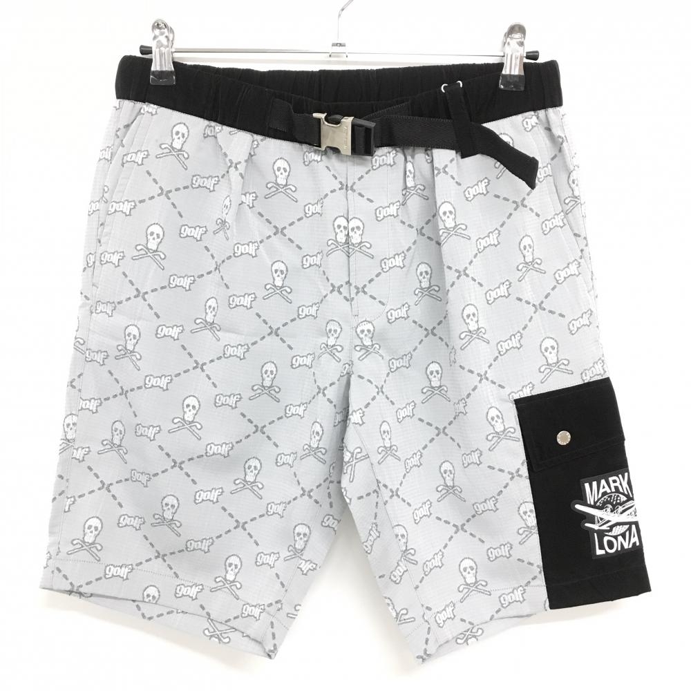 【新品】マークアンドロナ ハーフパンツ グレー×黒 スカル総柄 織生地 薄手 メンズ 44(S) ゴルフウェア 2023年モデル MARK＆LONA