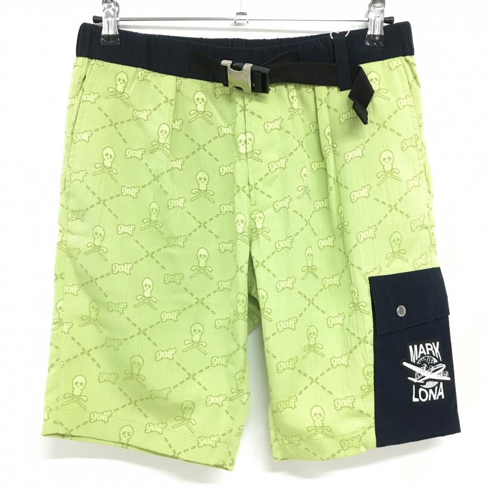 【新品】マークアンドロナ ハーフパンツ ライトグリーン×ネイビー スカル総柄 織生地 メンズ 46(M) ゴルフウェア 2023年モデル MARK＆LONA