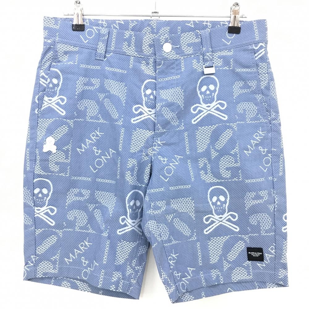 【新品】マークアンドロナ ハーフパンツ ブルー スカル・ロゴ総柄 軽量 メンズ 46(M) ゴルフウェア 2024年木村拓哉着用モデル MARK＆LONA