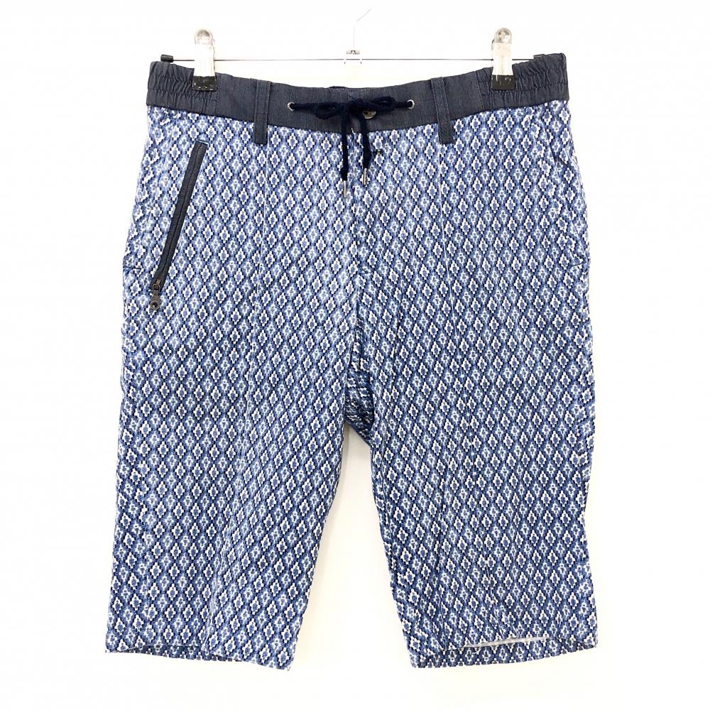 【超美品】マークアンドロナ ハーフパンツ ライトブルー×白 ダイヤ柄総柄 ウエスト一部ゴム  メンズ S ゴルフウェア MARK＆LONA