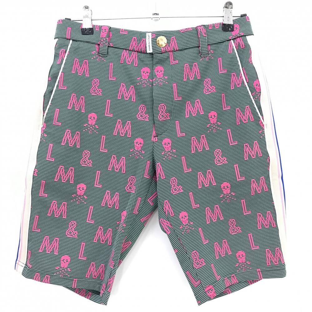 【美品】マークアンドロナ ハーフパンツ ダークグリーン系×ピンク 総柄 サイドライン 格子柄  メンズ 46(M) ゴルフウェア MARK＆LONA