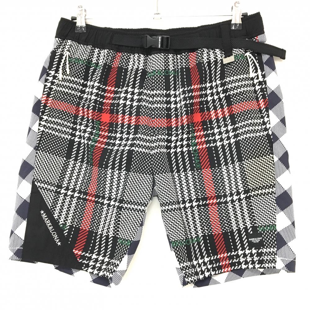 【美品】マークアンドロナ ハーフパンツ 白×黒×レッド 総柄 チェック ウエストゴム メンズ 48(L) ゴルフウェア 2024年モデル MARK＆LONA