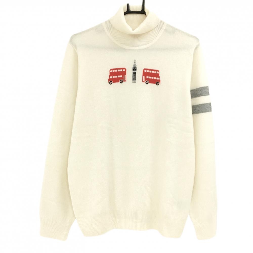 【美品】マスターバニー タートルセーター 白×グレー カシミヤ混 袖2ライン ニット メンズ 5(L) ゴルフウェア MASTER BUNNY EDITION