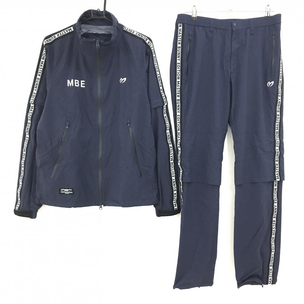 【美品】マスターバニー レインウェア(2WAYジャケット×パンツ) ネイビー×白 袖着脱可 メンズ 5(L) ゴルフウェア MASTER BUNNY EDITION