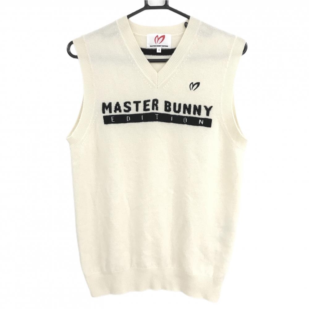 【美品】マスターバニー ニットベスト アイボリー×ダークネイビー 胸ロゴ カシミヤ100％  メンズ 4(M) ゴルフウェア MASTER BUNNY EDITION